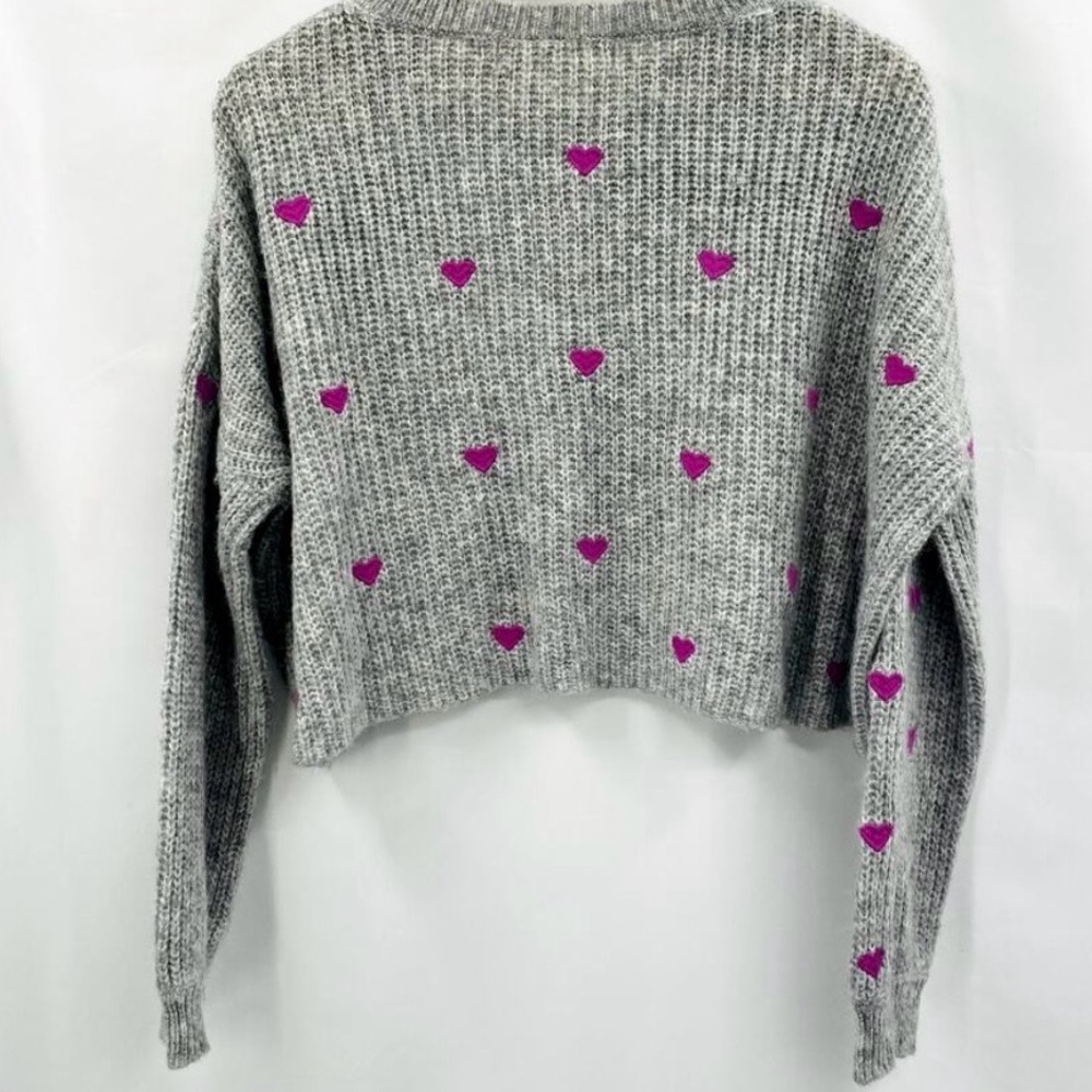 NWOT Saltwater Luxe Medium Gray Heart Embroidered boxy crop-top style sweater. - Picture 3 of 6